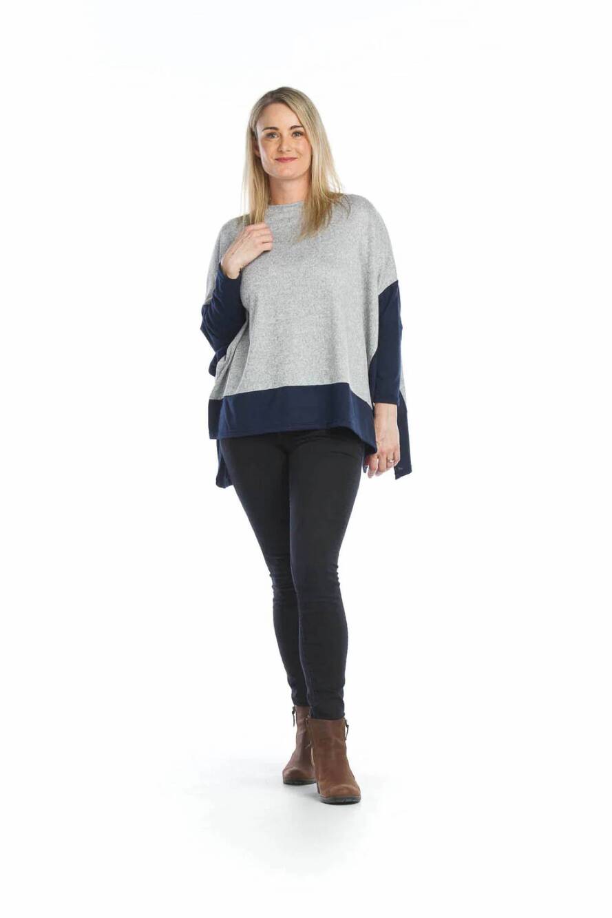 NEW PAPILLON poncho style sweater in grey heather/navy